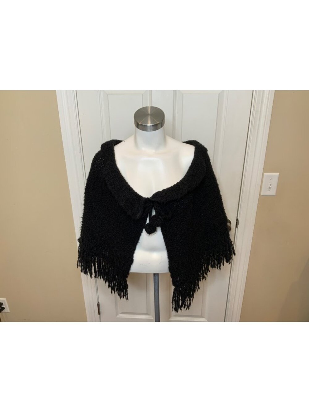 Helen Welsh Black Cape Capelet Poncho W/ Fringe & Pom Pom Tie, Size OS